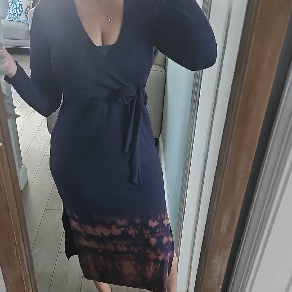 Splendid Navy and Brown Tie-Dye Wrap Dress